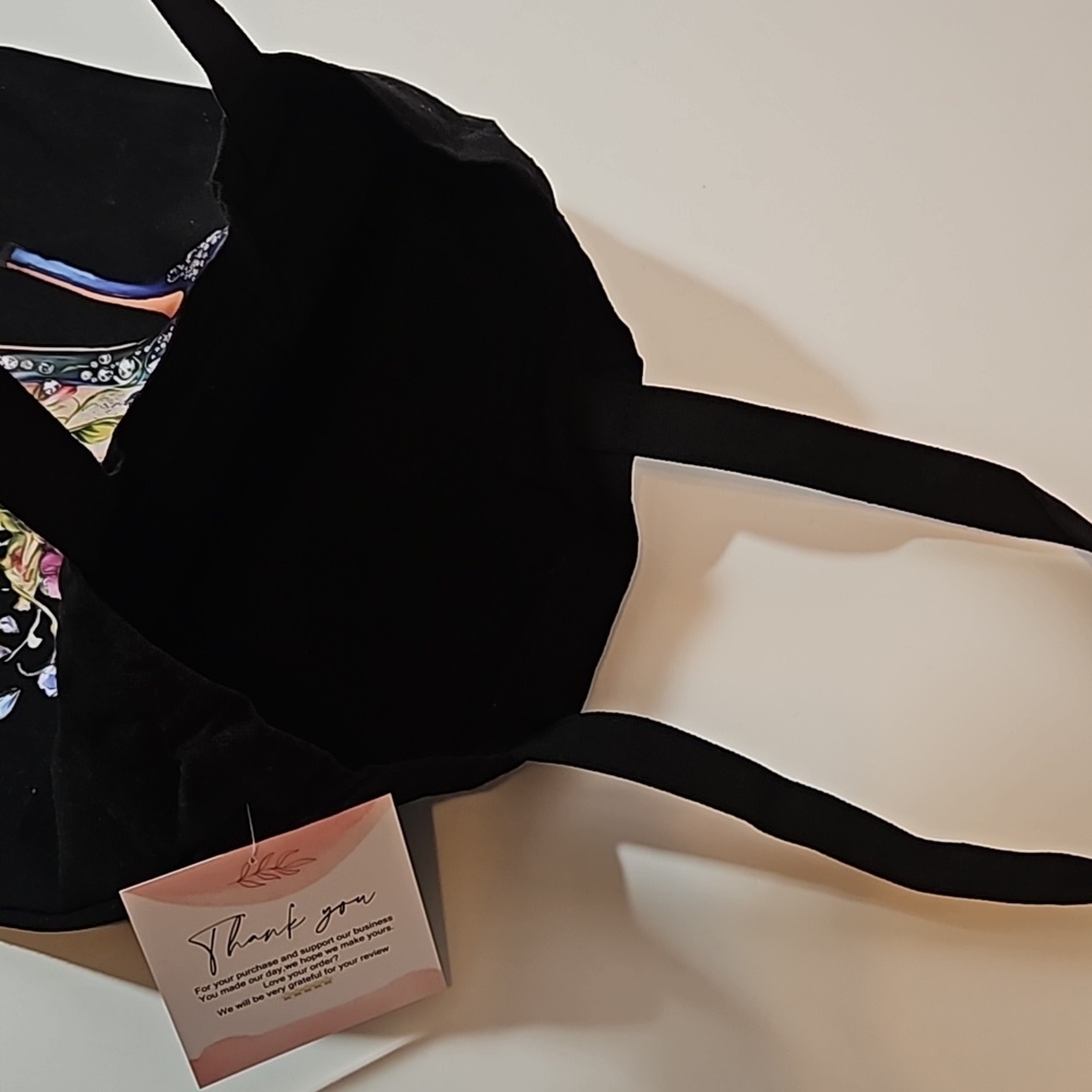 Hand Crafted Reusable Black Canvas Tote Bag 100% Cotton Floral Blue Heels 13x13" - Picture 13 of 17